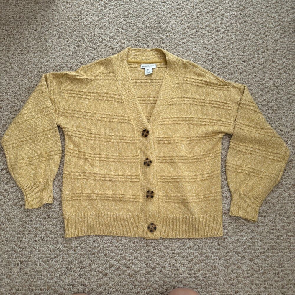 Cupcakes & Cashmere Cropped L Button Sweater Cotton Blend Preppy Striped Puff